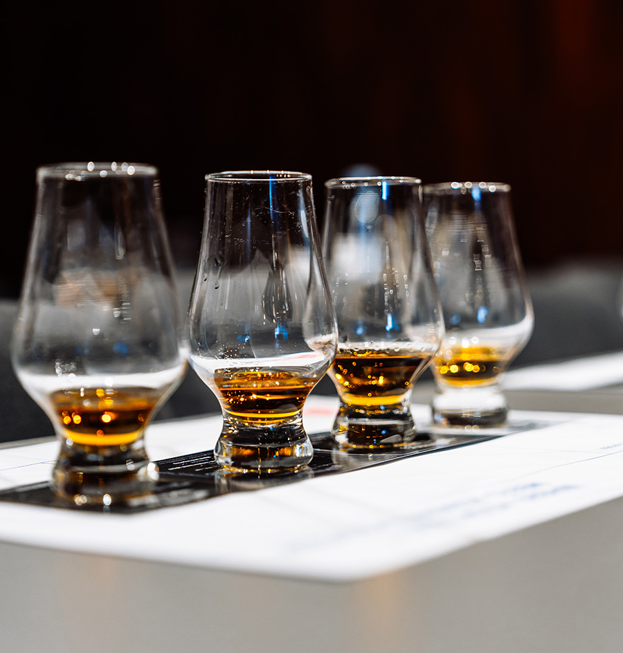 different whiskey varieties in elegant glasses